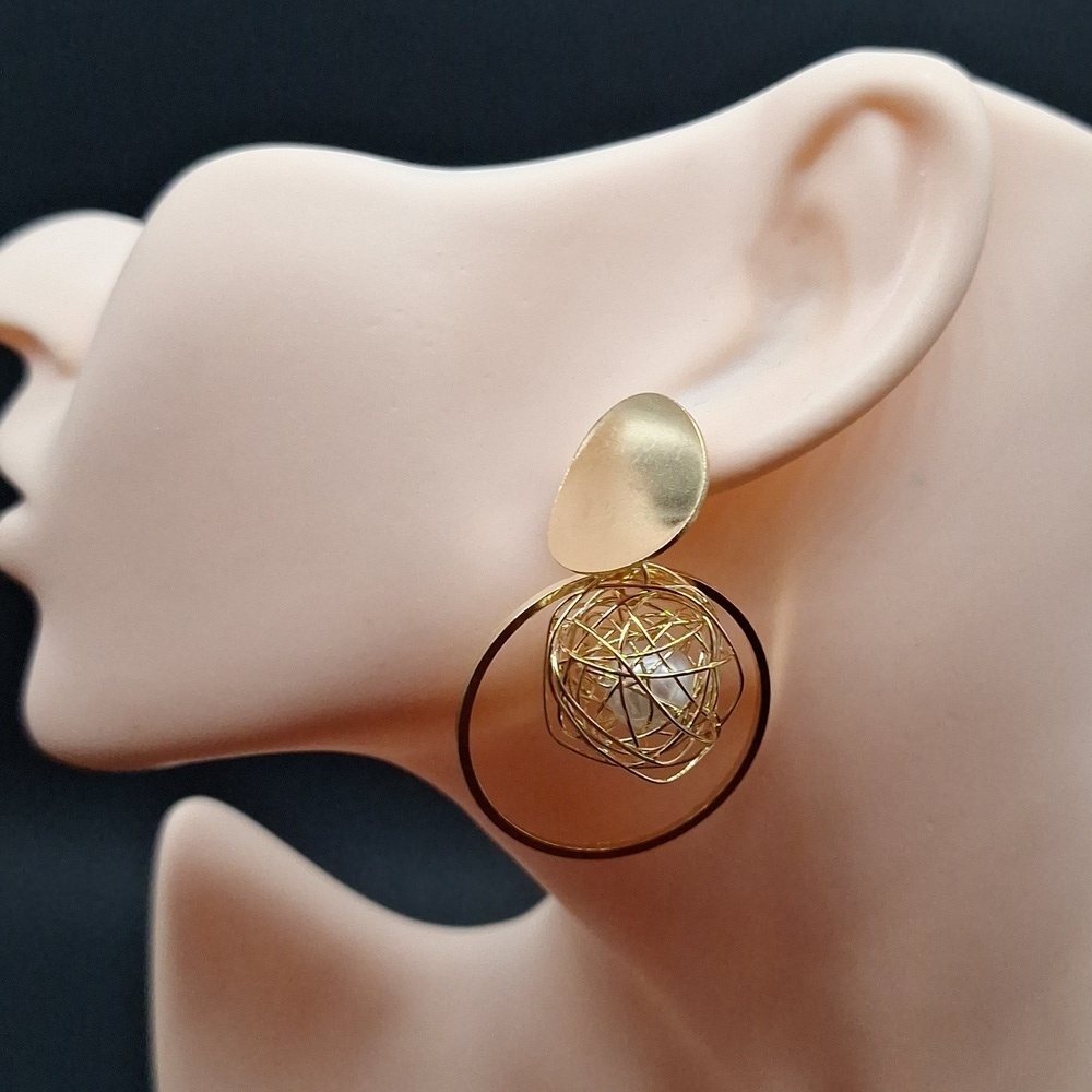 Statement Gold Woven Wire Ball Loveknot Earrings with Pearl Accent